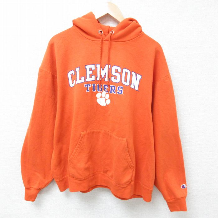 XL★古着 チャンピオン Champion 長袖 スウェット パーカー メンズ クレムゾン タイガース 大きいサイズ オレンジ 25mar01 中古 スエット トレーナー トップス