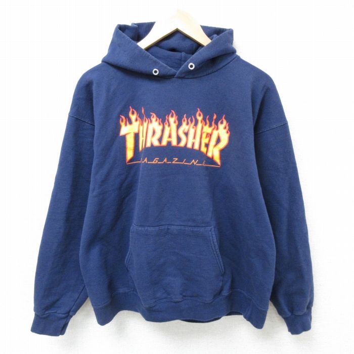 L★古着 スラッシャー THRASHER 長袖 スウェット パーカー メンズ ビッグロゴ 紺 ネイビー 【spe】 25mar01 中古 スエット トレーナー トップス