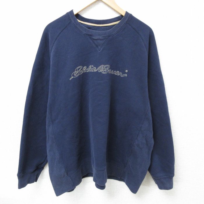 XL★古着 エディーバウアー Eddie Bauer 長袖 スウェット メンズ ビッグロゴ 刺繍 大きいサイズ ラグラン クルーネック 紺 ネイビー 25mar01 中古 スエット トレーナー トップス
