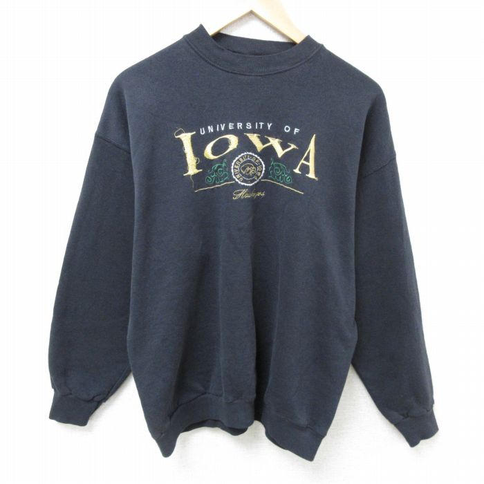 【50%OFF】L★古着 長袖 スウェット メンズ 90年代 90s アイオワ 大学 刺繍 クルーネック USA製 黒 ブラック 25mar01 中古 スエット トレーナー トップス