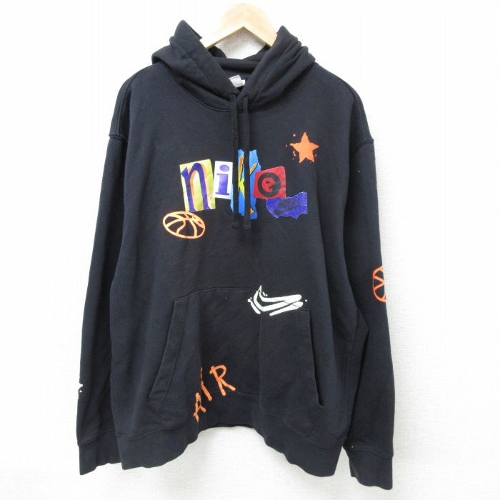 XL★古着 ナイキ NIKE 長袖 スウェット パーカー メンズ 00年代 00s ビッグロゴ 星 大きいサイズ 黒 ブラック 25mar01 中古 スエット トレーナー トップス
