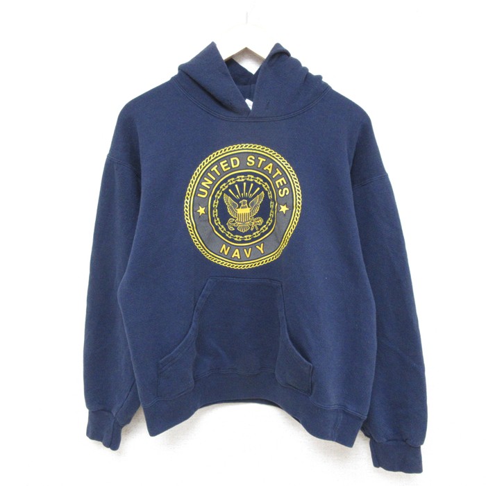L★古着 長袖 スウェット パーカー メンズ 90年代 90s ミリタリー ネイビー NAVY リフレクター USA製 紺 25mar03 中古 スエット トレーナー トップス