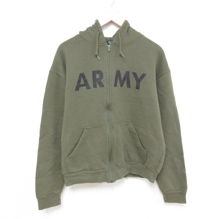 L★古着 長袖 フルジップ スウェット パーカー メンズ 90年代 90s ミリタリー アーミー ARMY USA製 緑 グリーン 25mar03 中古 スエット トレーナー トップス