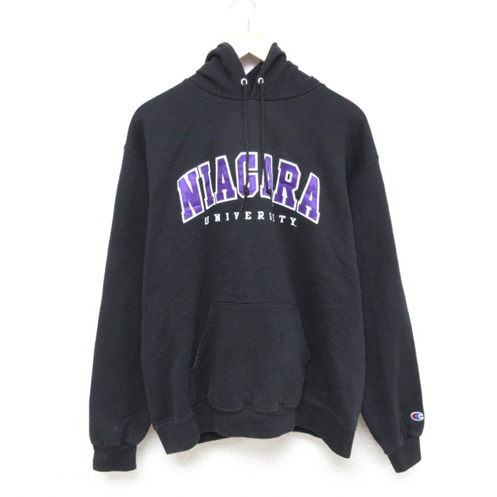 【50%OFF】L★古着 チャンピオン Champion 長袖 スウェット パーカー メンズ ナイアガラ 大学 刺繍 黒 ブラック 25mar03 中古 スエット トレーナー トップス
