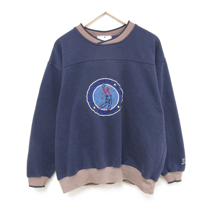 XL★古着 長袖 スウェット メンズ 00年代 00s ゴルフ 刺繍 クルーネック 紺 ネイビー 25mar03 中古 スエット トレーナー トップス
