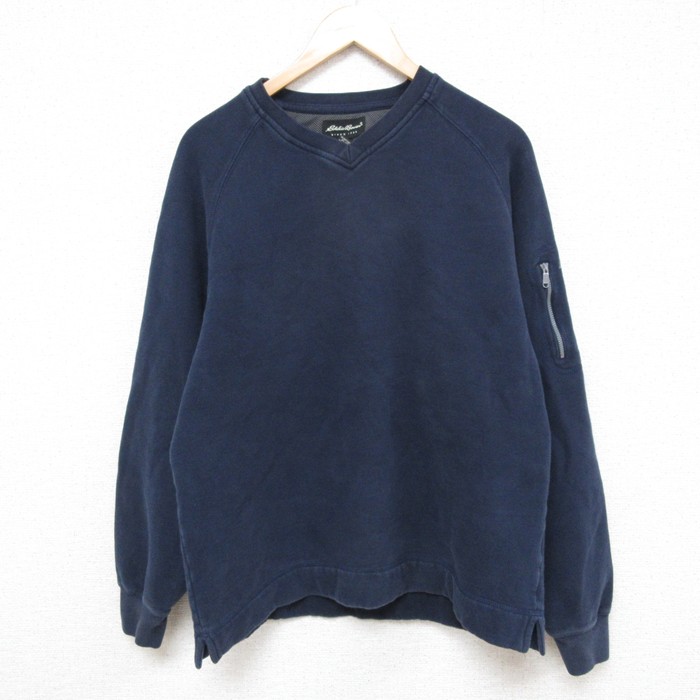 L★古着 エディーバウアー Eddie Bauer 長袖 スウェット メンズ 00年代 00s 無地 ラグラン Vネック 紺 ネイビー 【spe】 25mar03 中古 スエット トレーナー トップス