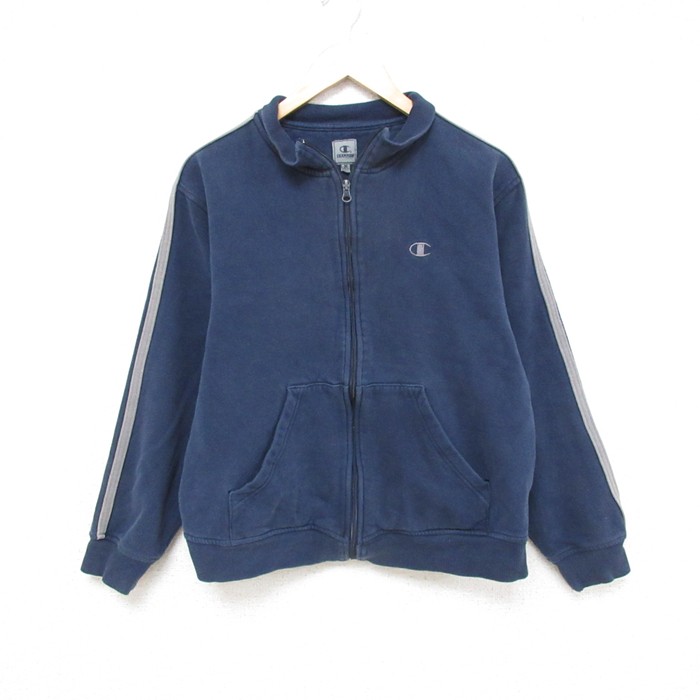 M★古着 チャンピオン Champion 長袖 フルジップ スウェット メンズ ワンポイントロゴ 紺 ネイビー 25mar03 中古 スエット トレーナー トップス