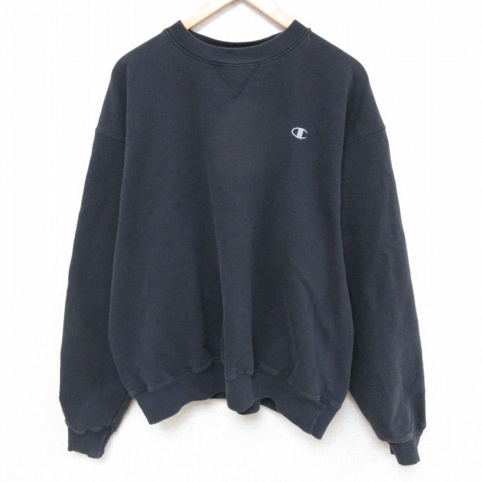 XL★古着 チャンピオン Champion 長袖 スウェット メンズ ワンポイントロゴ 大きいサイズ クルーネック 黒 ブラック 25mar03 中古 スエット トレーナー トップス