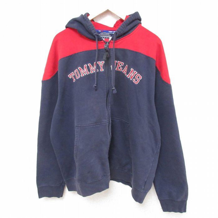 XL★古着 トミーヒルフィガー TOMMY HILFIGER トミージーンズ 長袖 ブランド フルジップ スウェット パーカー メンズ 90年代 90s ビッグロゴ ツートンカラー 刺繍 大きいサイズ 紺他 ネイビー 25mar03 中古 スエット トレーナー トップス