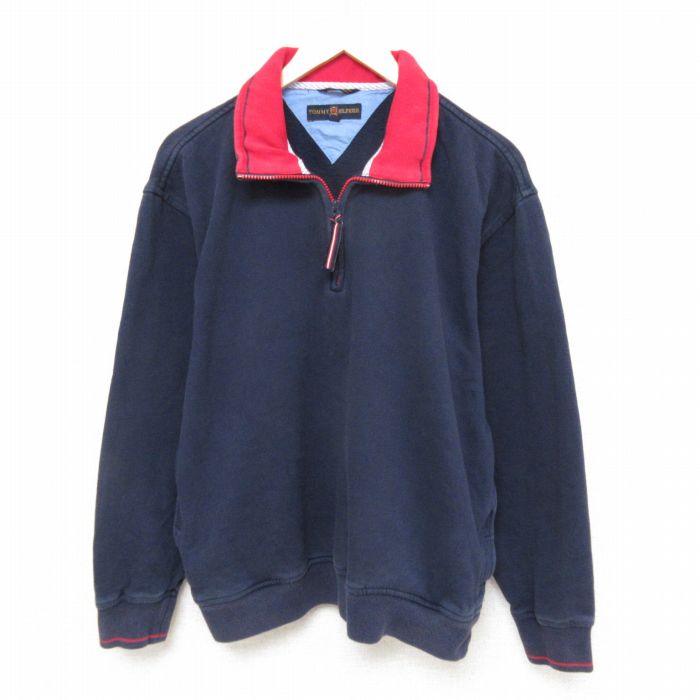 【50%OFF】L★古着 トミーヒルフィガー TOMMY HILFIGER 長袖 ブランド ハーフジップ スウェット メンズ 90年代 90s ワンポイントロゴ 襟付き 紺 ネイビー 25mar03 中古 スエット トレーナー トップス