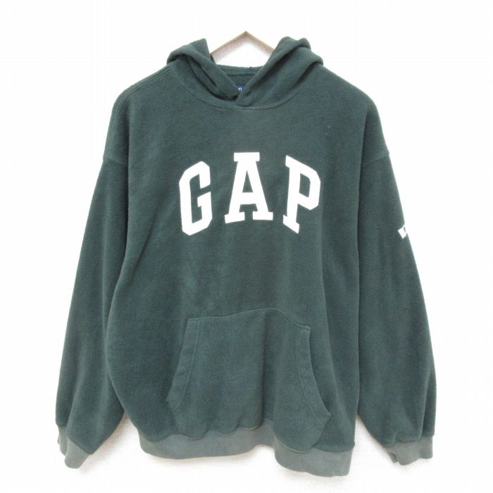 XL★古着 ギャップ GAP 長袖 フリース トップス パーカー メンズ 00年代 00s ビッグロゴ 刺繍 大きいサイズ ポリエステル 濃緑 グリーン 25mar03 中古 スエット トレーナー