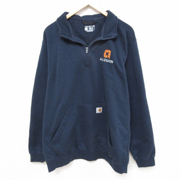 XL★古着 カーハート Carhartt 長袖 ハーフジップ スウェット メンズ ALLEGION 襟付き 紺 ネイビー 25mar03 中古 スエット トレーナー トップス