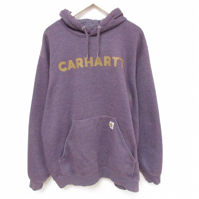 XL★古着 カーハート Carhartt 長袖 スウェット パーカー メンズ ビッグロゴ 大きいサイズ 紫 パープル 霜降り 25mar03 中古 スエット トレーナー トップス