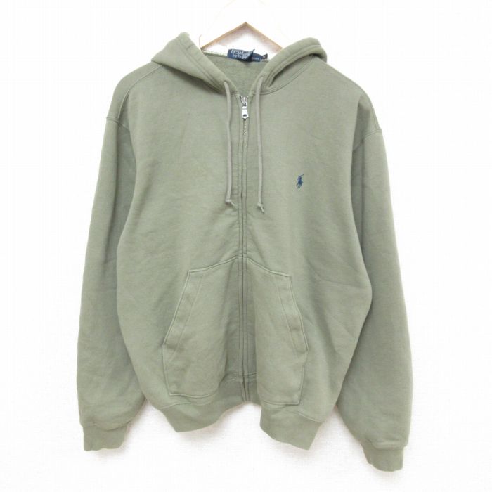 XL★古着 ラルフローレン Ralph Lauren 長袖 ブランド フルジップ スウェット パーカー メンズ 00年代 00s ワンポイントロゴ 濃緑 グリーン フード内側サーマル 25mar03 中古 スエット トレーナー トップス
