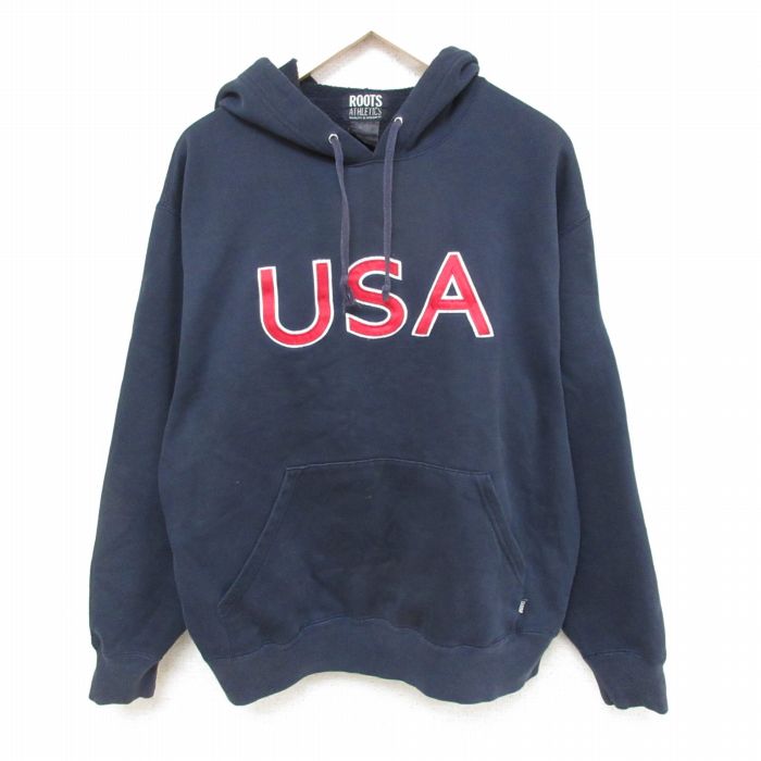 XL★古着 ROOTS ATHLETICS 長袖 スウェット パーカー メンズ 00年代 00s アテネオリンピック USAロゴ 刺繍 大きいサイズ カナダ製 紺 ネイビー 25mar03 中古 スエット トレーナー トップス