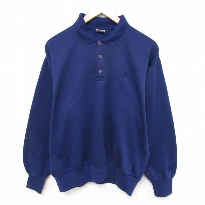 L★古着 ナイキ NIKE 長袖 スウェット メンズ 90年代 90s ワンポイントロゴ 襟付き 紺 ネイビー 【spe】 25mar03 中古 スエット トレーナー トップス