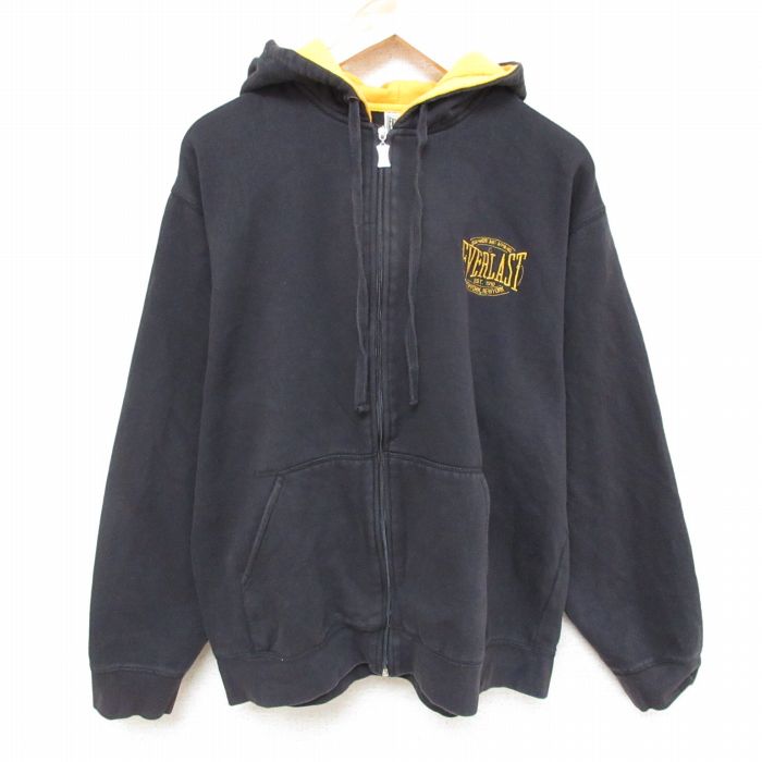 XL★古着 長袖 フルジップ スウェット パーカー メンズ ワンポイントロゴ 黒 ブラック 25mar03 中古 スエット トレーナー トップス