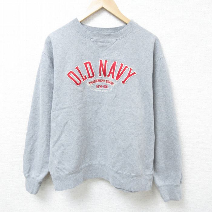 L★古着 オールドネイビー OLD NAVY 長袖 スウェット メンズ 00年代 00s ビッグロゴ 刺繍 クルーネック グレー 霜降り 25mar03 中古 スエット トレーナー トップス