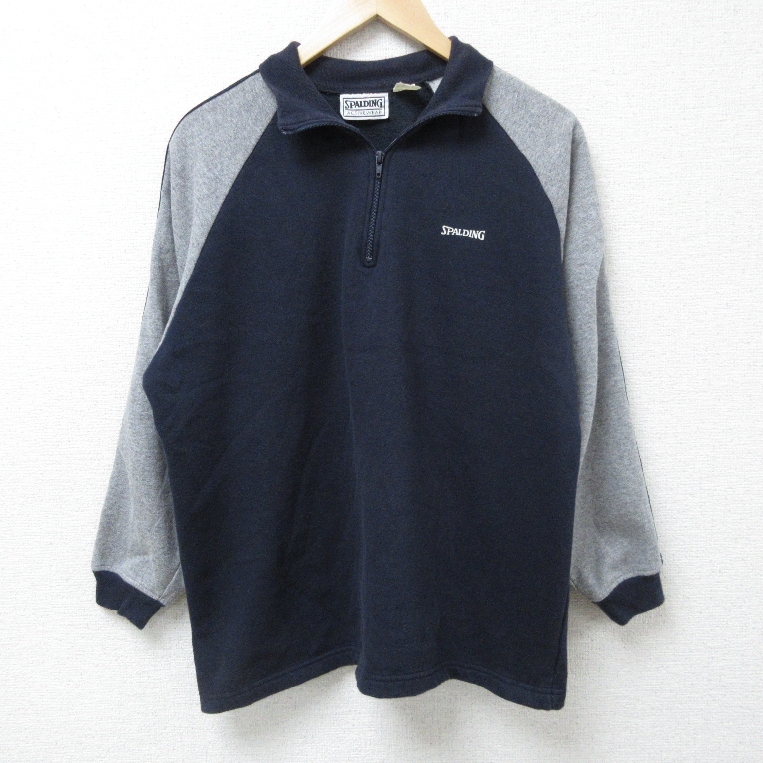 スポルディング 90s ラグランハーフジップスウェット ワンポイントロゴ ネイビー L | 古着
