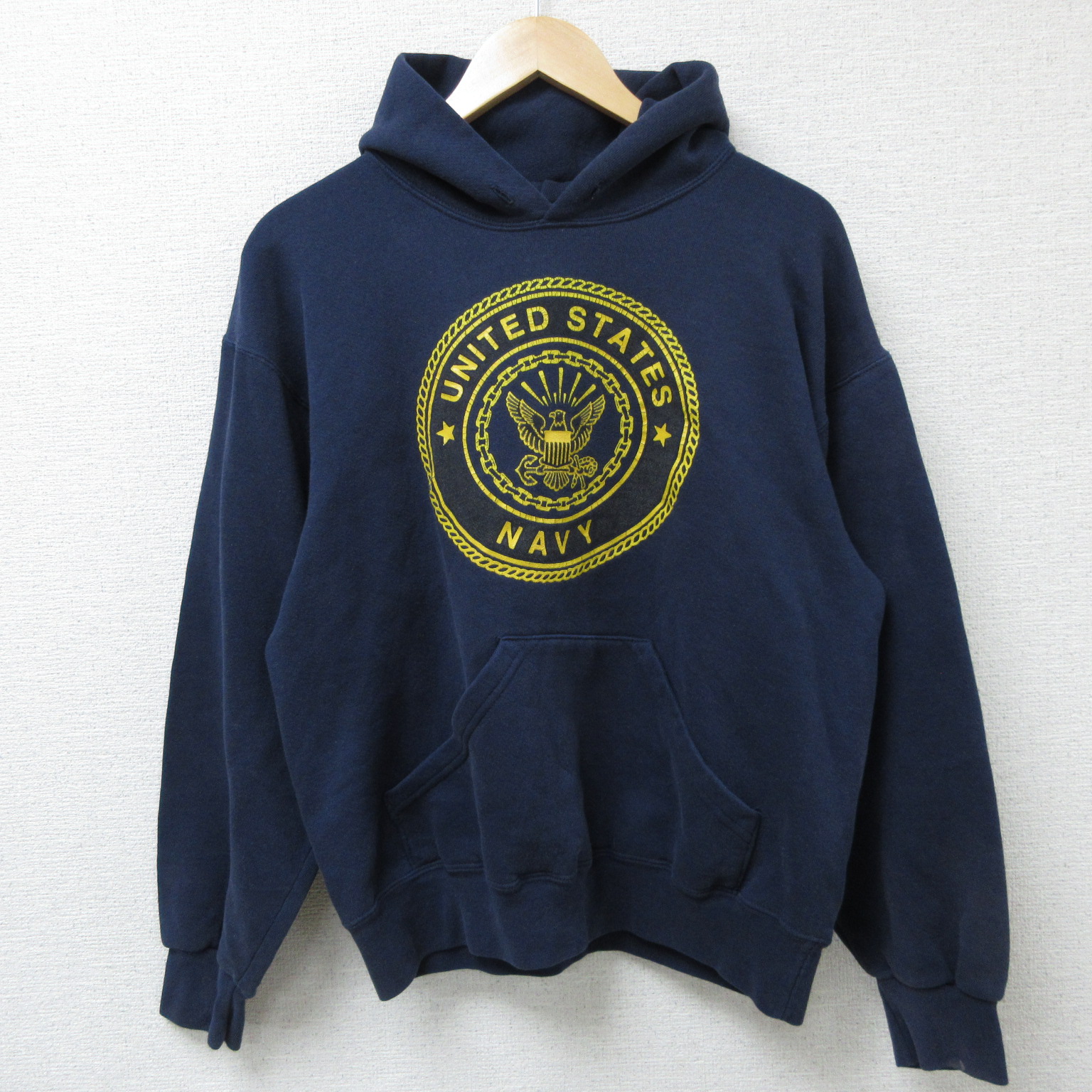 L★古着 長袖 スウェット パーカー メンズ 90年代 90s ミリタリー ネイビー NAVY USA製 紺 25mar03 中古 スエット トレーナー トップス