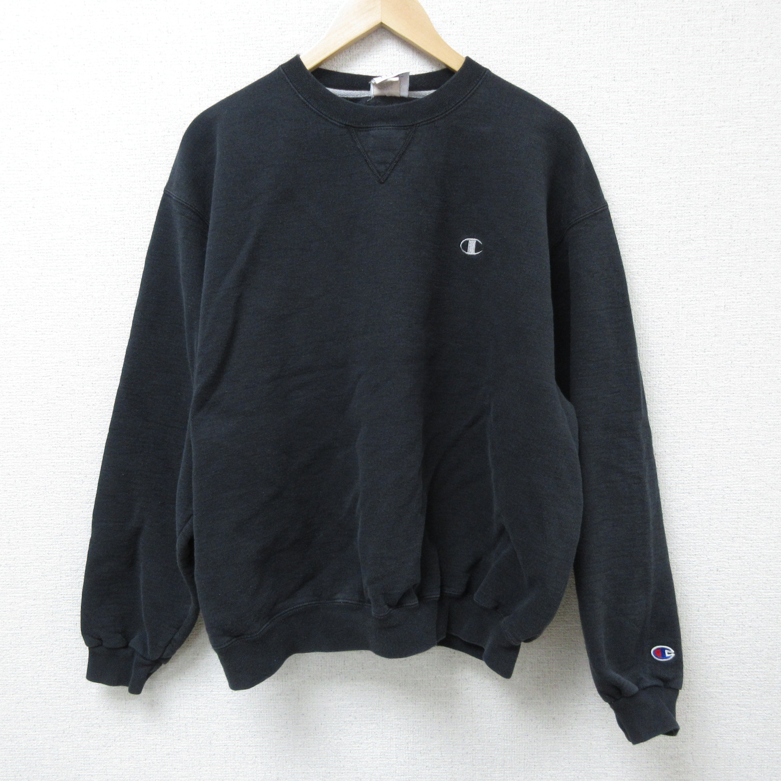 XL★古着 チャンピオン Champion 長袖 スウェット メンズ 00年代 00s ワンポイントロゴ クルーネック 黒 ブラック 25mar03 中古 スエット トレーナー トップス