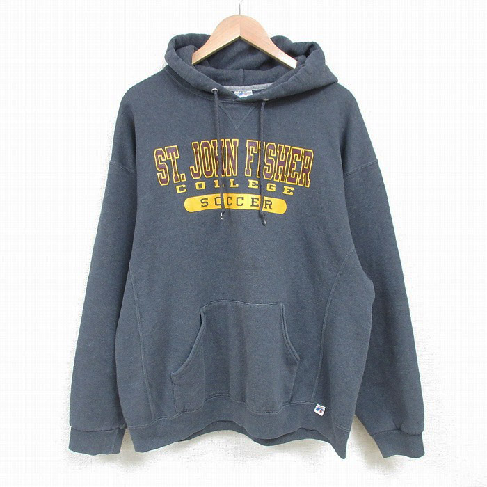 【50%OFF】L★古着 ラッセル 長袖 スウェット パーカー メンズ 00年代 00s セントジョンフィッシャー カレッジ サッカー 濃グレー 霜降り 25mar04 中古 スエット トレーナー トップス