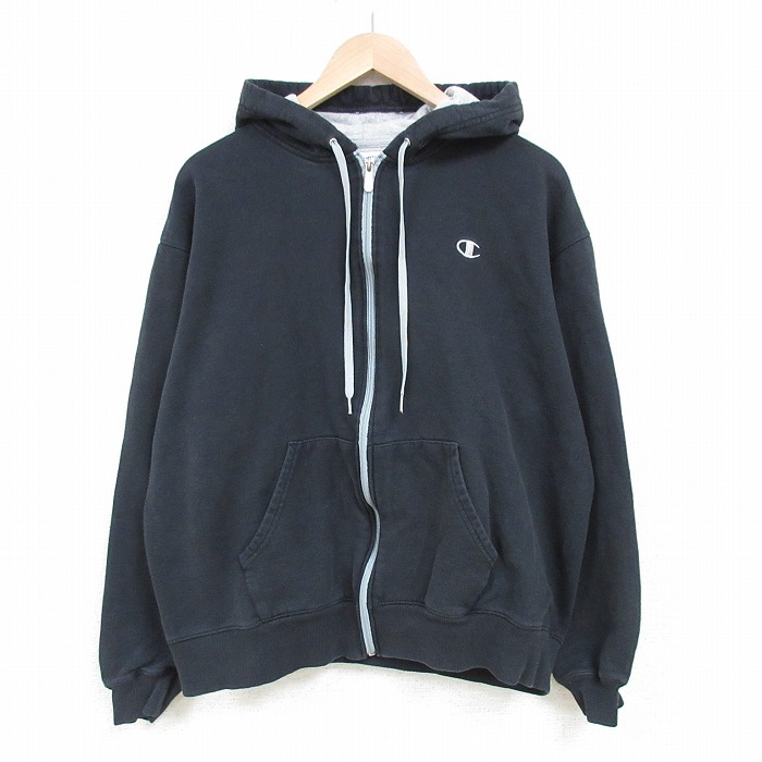 L★古着 チャンピオン Champion 長袖 フルジップ スウェット パーカー メンズ ワンポイントロゴ コットン 黒 ブラック 25mar04 中古 スエット トレーナー トップス