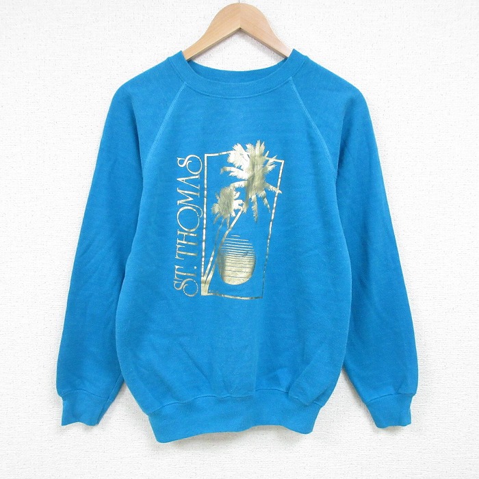 S★古着 ヘインズ Hanes 長袖 スウェット メンズ 80年代 80s セントトーマス ヤシの木 Airwaves ラグラン クルーネック USA製 青 ブルー 25mar04 中古 スエット トレーナー トップス