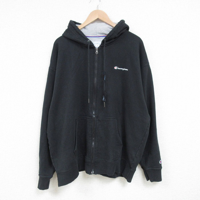 XL★古着 チャンピオン Champion 長袖 フルジップ スウェット パーカー メンズ ワンポイントロゴ 大きいサイズ 黒 ブラック 25mar04 中古 スエット トレーナー トップス