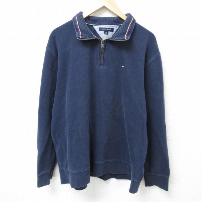 XL★古着 トミーヒルフィガー TOMMY HILFIGER 長袖 ブランド ハーフジップ トップス メンズ ワンポイントロゴ 大きいサイズ コットン 紺 ネイビー 25mar05 中古 スエット トレーナー