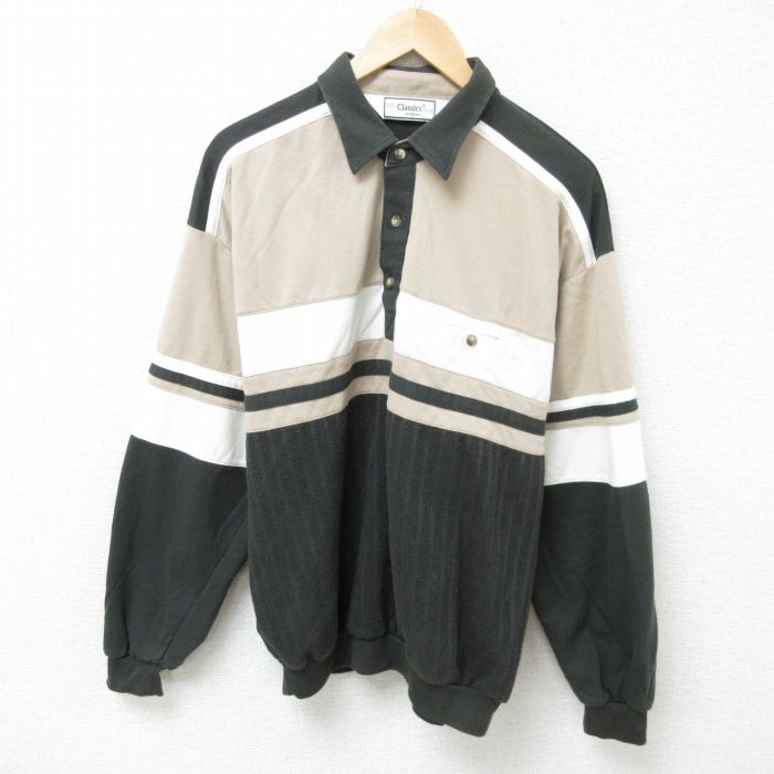 L★古着 長袖 トップス メンズ 90年代 90s マルチカラー 襟付き 濃緑他 グリーン 25mar05 中古 スエット トレーナー