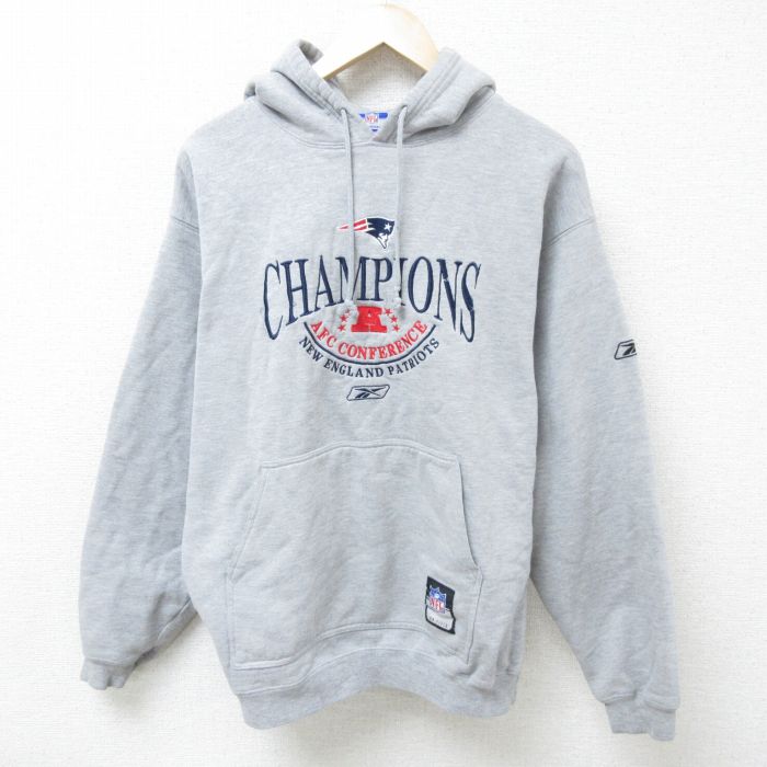 【50%OFF】L★古着 リーボック REEBOK 長袖 スウェット パーカー メンズ 00年代 00s NFL ニューイングランドペイトリオッツ 刺繍 グレー 霜降り アメフト スーパーボウル 25mar05 中古 スエット トレーナー トップス