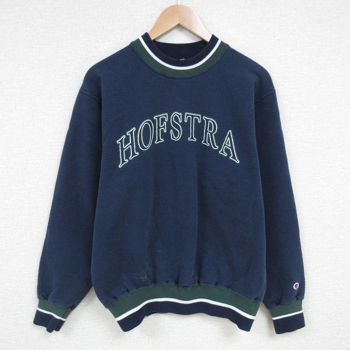 L★古着 チャンピオン Champion 長袖 スウェット メンズ 90年代 90s ホフストラ クルーネック USA製 紺 ネイビー 【spe】 25mar05 中古 スエット トレーナー トップス