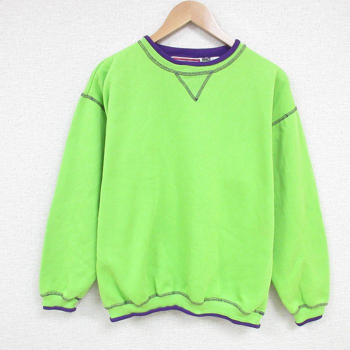 L★古着 長袖 スウェット メンズ 90年代 90s 無地 クルーネック 黄緑 25mar05 中古 スエット トレーナー トップス