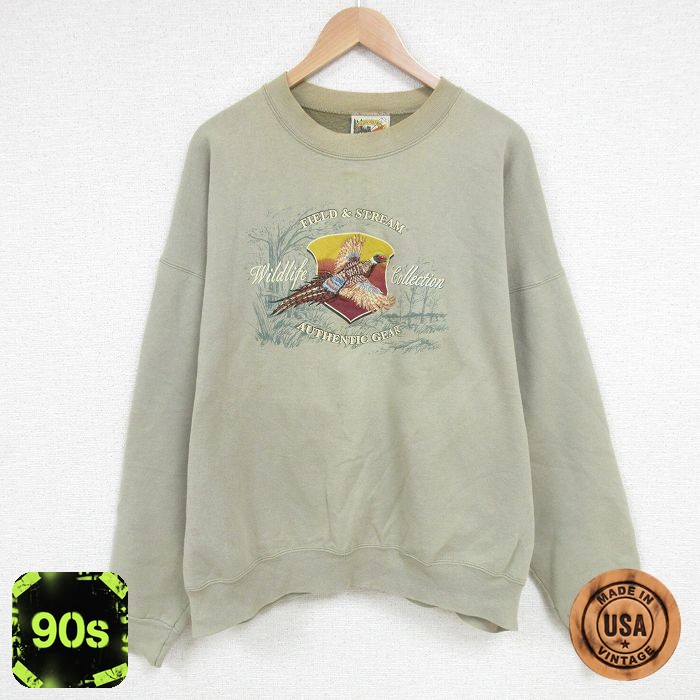 90s 長袖スウェット 鳥刺繍 ベージュ XL | 古着