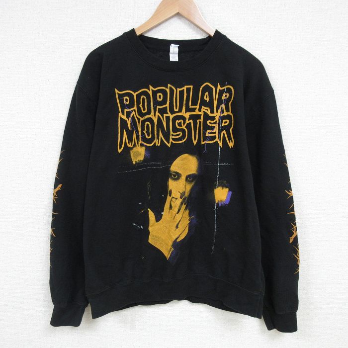 XL★古着 長袖 ロック バンド スウェット メンズ ポピュラーモンスター POPULAR MONSTER クルーネック 黒 ブラック 25mar05 中古 スエット トレーナー トップス
