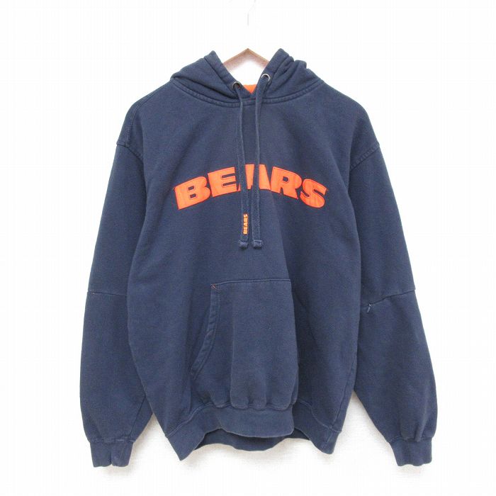 L★古着 長袖 スウェット パーカー メンズ NFL シカゴベアーズ 刺繍 紺 ネイビー アメフト スーパーボウル 25mar05 中古 スエット トレーナー トップス