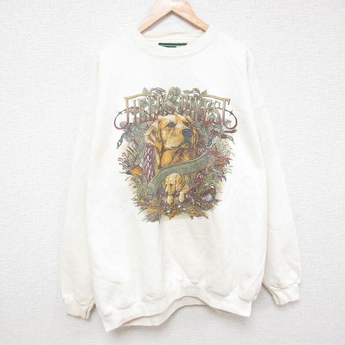 【50%OFF】XL★古着 長袖 スウェット メンズ 90年代 90s 犬 大きいサイズ クルーネック USA製 白 ホワイト 25mar05 中古 スエット トレーナー トップス