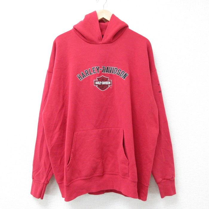 XL★古着 ハーレーダビッドソン Harley Davidson 長袖 スウェット パーカー メンズ 00年代 00s ビッグロゴ刺繍 赤 レッド 【spe】 25mar06 中古 スエット トレーナー トップス