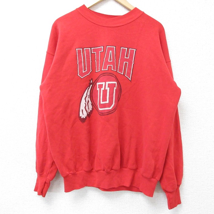 L★古着 長袖 スウェット メンズ 90年代 90s UTAH クルーネック USA製 赤 レッド 25mar06 中古 スエット トレーナー トップス