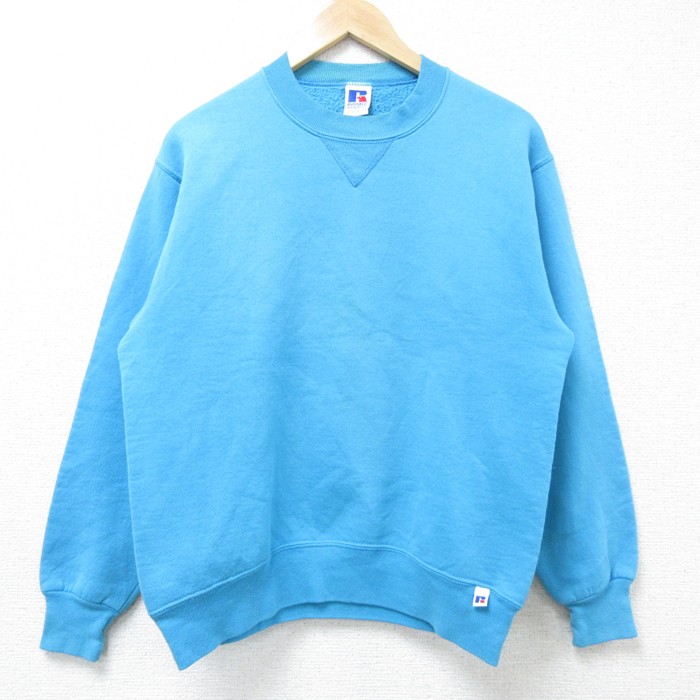 M★古着 ラッセル 長袖 スウェット メンズ 90年代 90s 無地 クルーネック USA製 水色 【spe】 25mar06 中古 スエット トレーナー トップス
