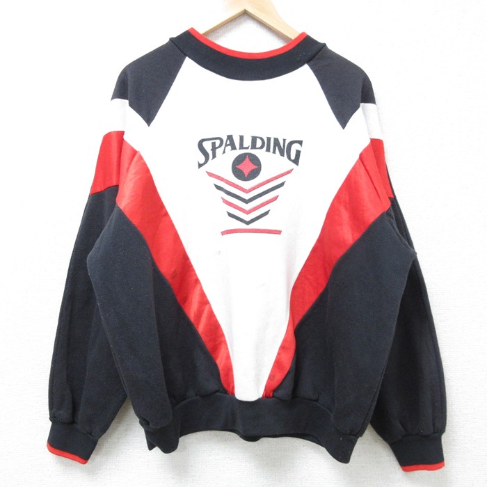 XL★古着 スポルディング 長袖 スウェット メンズ 80年代 80s ビッグロゴ マルチカラー ラグラン クルーネック 黒他 ブラック 25mar06 中古 スエット トレーナー トップス