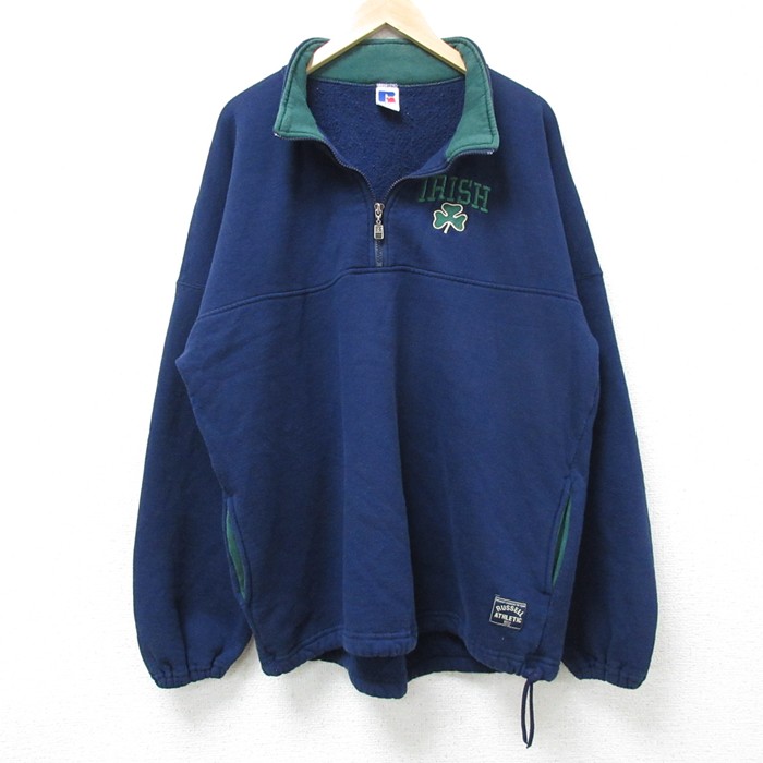 XL★古着 ラッセル 長袖 ハーフジップ スウェット メンズ 90年代 90s IRISH USA製 紺 ネイビー 【spe】 25mar06 中古 スエット トレーナー トップス