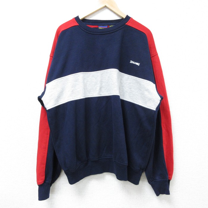 XL★古着 スポルディング 長袖 スウェット メンズ 00年代 00s ワンポイントロゴ マルチカラー アクリル クルーネック 紺他 ネイビー 25mar06 中古 スエット トレーナー トップス
