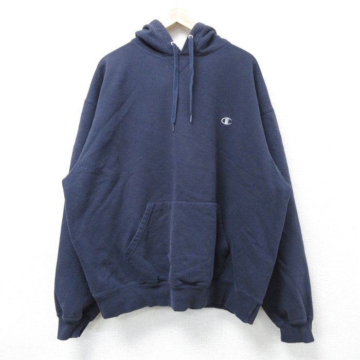 XL★古着 チャンピオン Champion 長袖 スウェット パーカー メンズ ワンポイントロゴ 大きいサイズ 紺 ネイビー 25mar06 中古 スエット トレーナー トップス