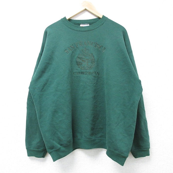 XL★古着 ヘインズ Hanes 長袖 スウェット メンズ 90年代 90s サンフランシスコ 刺繍 クルーネック 緑 グリーン 25mar06 中古 スエット トレーナー トップス