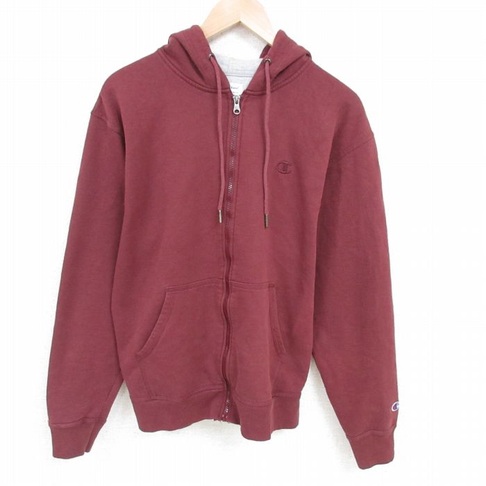 L★古着 チャンピオン Champion 長袖 フルジップ スウェット パーカー メンズ ワンポイントロゴ エンジ 25mar06 中古 スエット トレーナー トップス