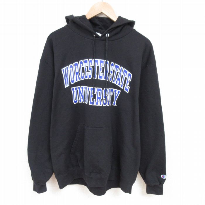 XL★古着 チャンピオン Champion 長袖 スウェット パーカー メンズ ウースター 州立大学 黒 ブラック 25mar06 中古 スエット トレーナー トップス
