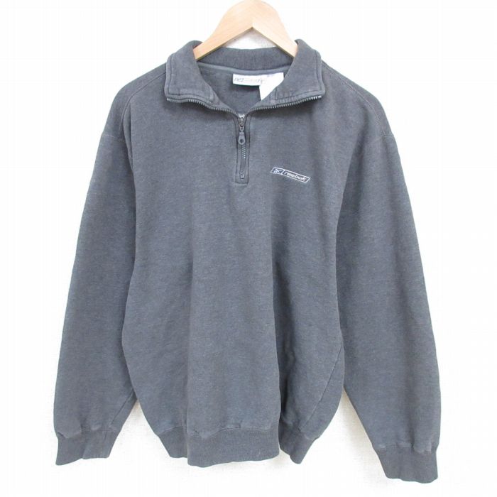 L★古着 リーボック REEBOK 長袖 ハーフジップ スウェット メンズ 00年代 00s ワンポイントロゴ 襟付き 濃グレー 霜降り 25mar06 中古 スエット トレーナー トップス