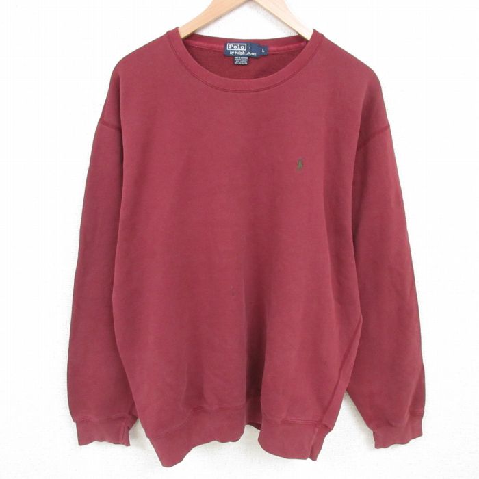 XL★古着 ラルフローレン Ralph Lauren 長袖 ブランド スウェット メンズ 90年代 90s ワンポイントロゴ 大きいサイズ クルーネック エンジ 25mar06 中古 スエット トレーナー トップス